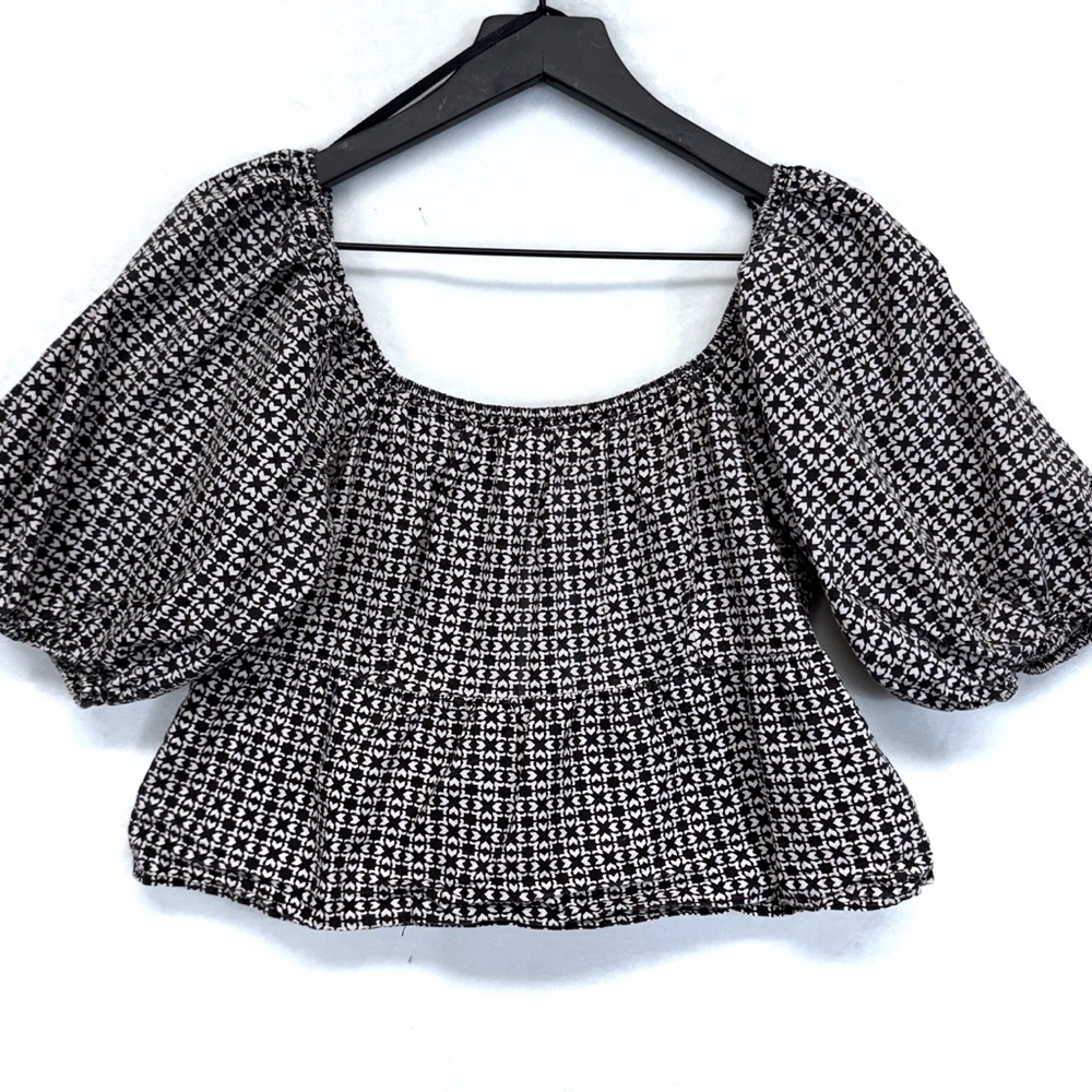 Sim & Sam Black White Plaid Check Cropped Top Balloon Sleeves Large Farm Dance